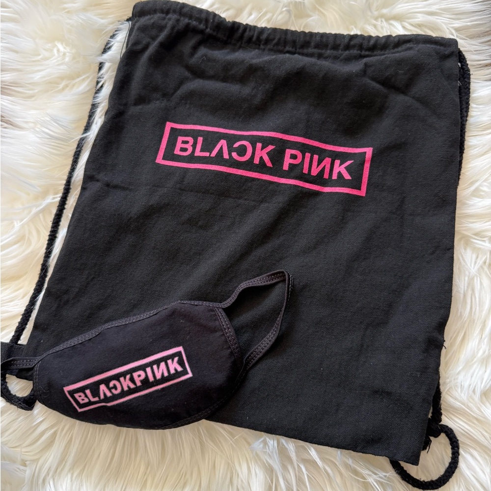 Black Pink Logo Drawstring Bag and Mask Set